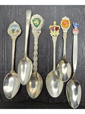 Set Of 6 Vintage Collectible Souvenir Spoons Featuring London Columbia & More HS